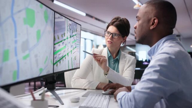 Civil Engineers Discuss Traffic Flow Data While Using Laptop