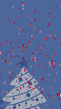Animation of red particles over christmas trees and gifts icons on blue background with copy space