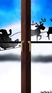 Animation of santa claus in sleigh with reindeer seen through window and christmas tree