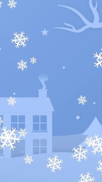 Animation of snowflake icons falling over winter landscape with copy space on blue background