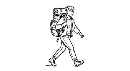 Fototapeta premium Minimalist black and white line art illustration of a happy young man hiking with a large backpack, wearing headphones and boots, walking forward, isolated on a white background.