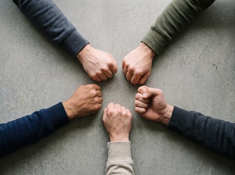 Five people joining fists together in circle