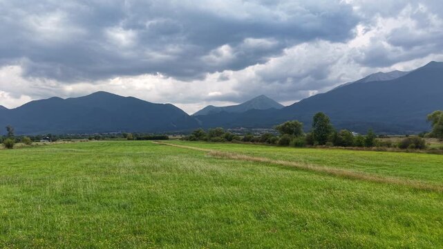 A lush green meadow extends toward distant mountains while the aerial camera moves smoothly across the grassland beneath a cloudy sky.