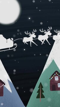 Animation of santa claus in sleigh with reindeer moving over moon and winter landscape