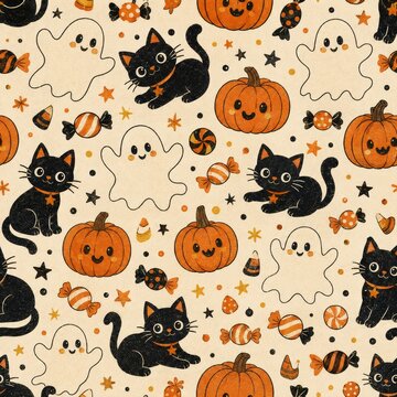 Cute halloween seamless pattern featuring ghosts black cats pumpkins and halloween candy for festive backgrounds