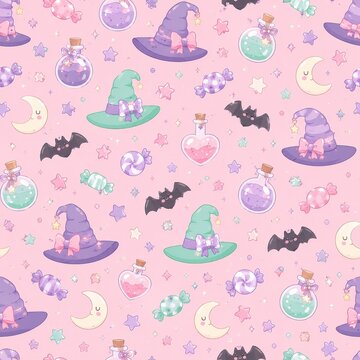 Cute halloween seamless pattern featuring ghosts black cats pumpkins and halloween candy on a pink background