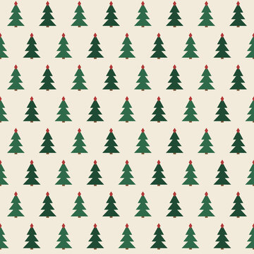 Christmas trees seamless pattern folk style green cream background