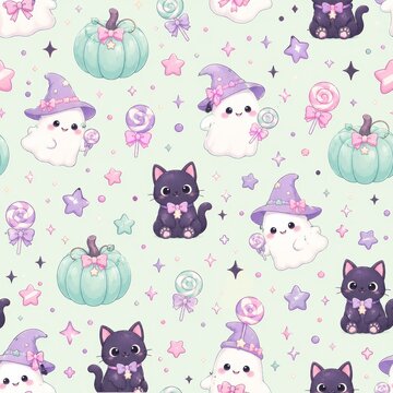 Cute halloween seamless pattern featuring whimsical ghosts black cats pumpkins and candy for a spooky vibe