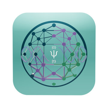 Quantum computing symbol with psi wave function and network nodes in a circular teal frame isolated on a transparent background