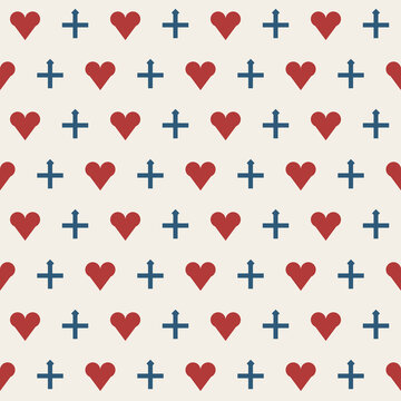 Scandinavian hearts and crosses seamless pattern red blue folk background