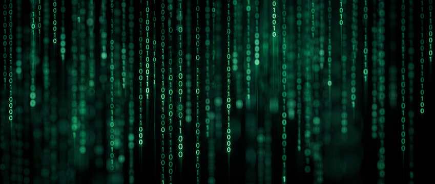 Green binary code falling in digital rain effect representing hacking and cybersecurity concept