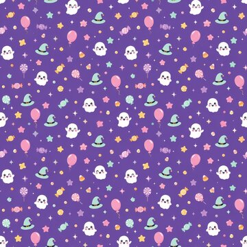 Cute halloween seamless pattern featuring ghosts black cats pumpkins and halloween candy on a purple background