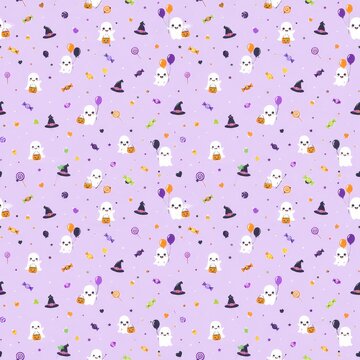Cute halloween seamless pattern featuring ghosts black cats pumpkins and candy on a lavender background