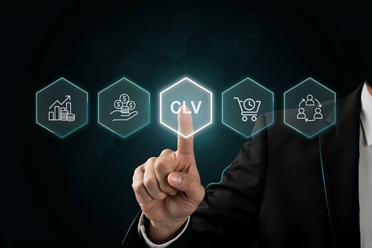 Businessman touching a digital interface showing key performance indicators for business success