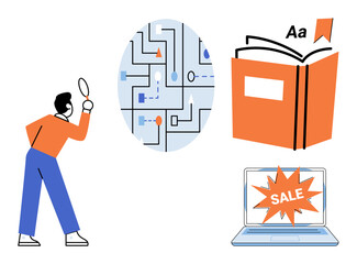 Fototapeta na wymiar Person searching for information with magnifying glass, book, and laptop vector illustration. E-learning, digital marketing, online shopping, research, education, data analysis. Man examining data