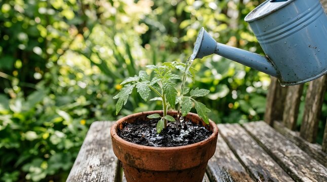 Watering a small tomato seedling in a terracotta pot