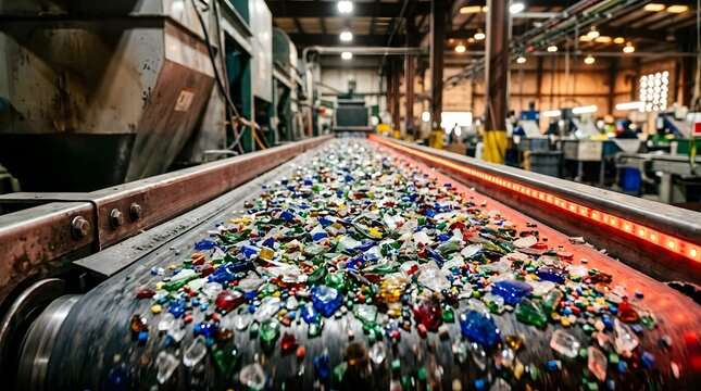 Multicolored glass shards moving along an industrial conveyor belt