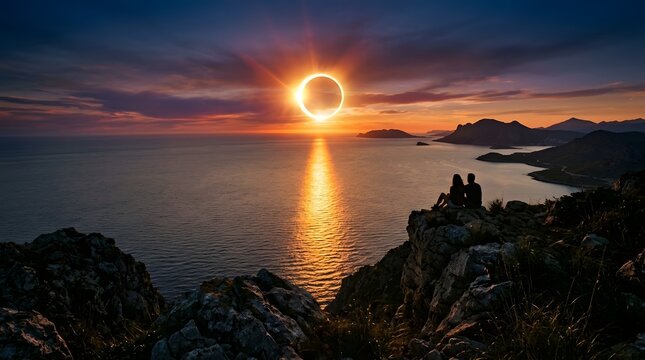Couple sitting on a rocky cliff watching a solar eclipse over the ocean at sunset