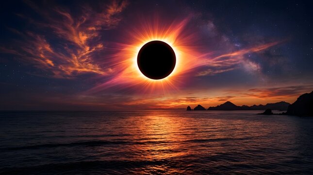 Total solar eclipse over a calm ocean at sunset, orange and purple sky