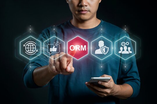 Man touching a digital orm online reputation management hologram interface on his smartphone