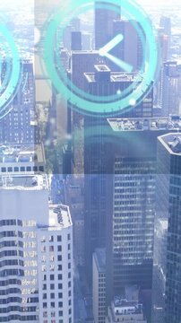 Animation of moving clocks and molecules over cityscape