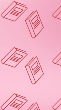 Animation of multiple school book icons in seamless pattern against pink background