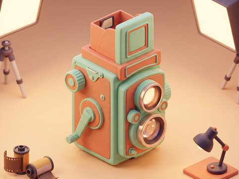 Cute 3D stylized vintage twin lens reflex camera in a miniature photography studio setup with soft lighting and film rolls
