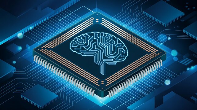 A glowing blue digital brain integrated into a computer processor chip on a dark circuit board background, representing artificial intelligence tech