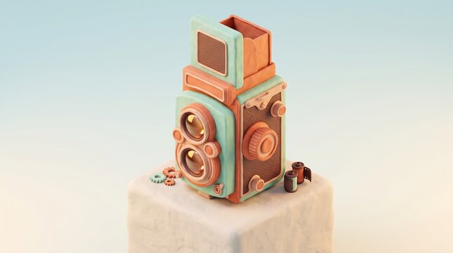 Artistic Pastel Colored Miniature 3D Illustration of a Retro Twin Lens Reflex Camera on a Pedestal for Creative Digital Design Projects