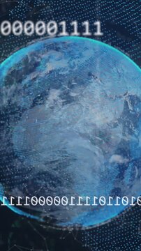 Animation of looping binary codes with connected dots around globe against abstract background