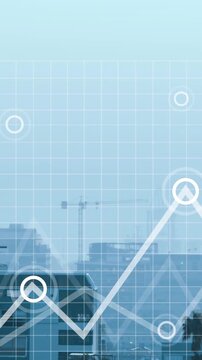 Animation of multiple graphs, map and loading bar over modern buildings against sky