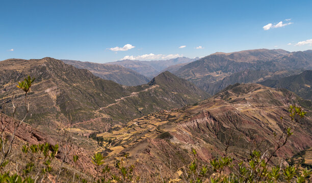 Beautiful view of the Andes mountains in Peru on a sunny day