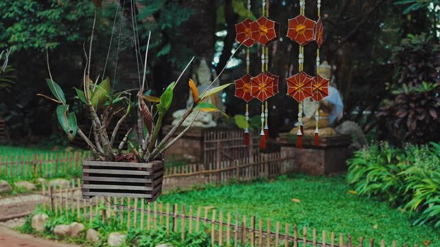 Traditional Lanna hanging lanterns and orchid planter in Buddhist temple garden, Handmade decorative ornaments with tropical greenery in peaceful monastery courtyard 4k