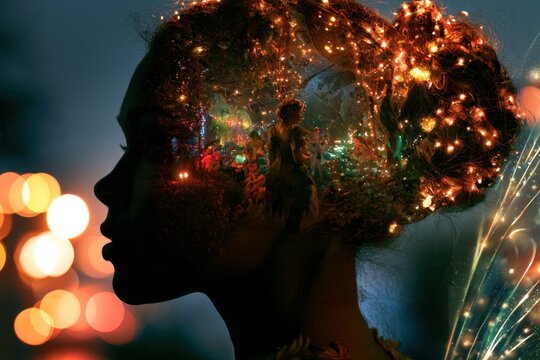 Enchanted Fairy Profile Revealing a Luminous Woodland Carnival