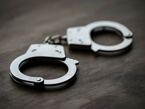 Broken handcuffs on dark wooden surface symbolizing freedom or escape