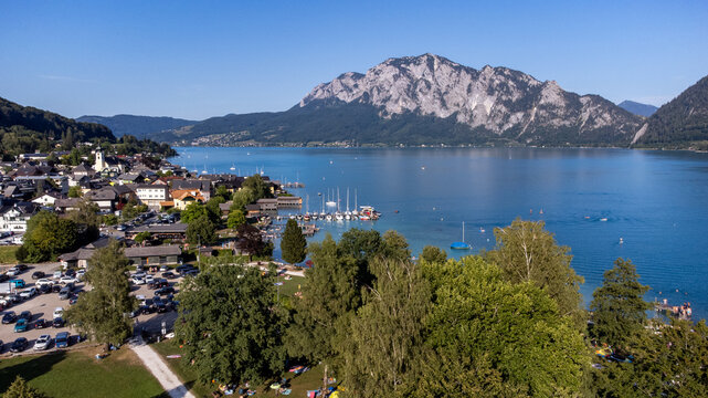 Aerial View of Unterach am Attersee in the Salzkammergut, Austrian Alps