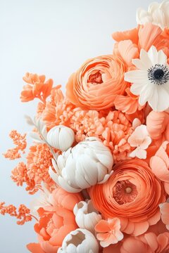 Arrangement of peach and white delicate flowers with textured petals against a soft light background.