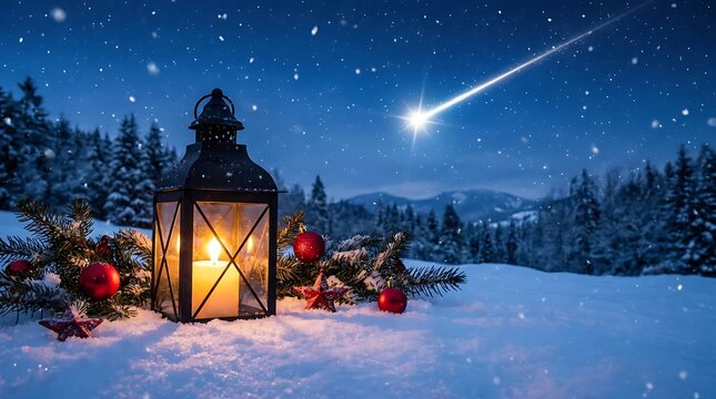Christmas lantern with candle and shooting star in snowy night