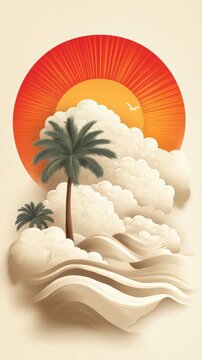 Palm trees stand tall against a vibrant sunset surrounded by soft clouds over rolling desert dunes.