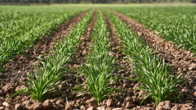 Young tiger nut chufa plants growing in cultivated rows across fertile agricultural soil