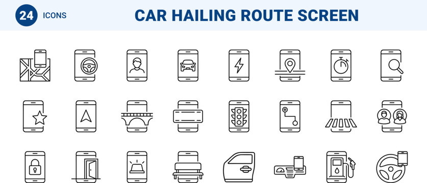 Ride App Screen Ride Hailing Web Icon Set in Linear Style. Collection of Taxi Booking line icons, including navigation, dispatch, vehicle tracking, driver profile, fare estimate, route planning.