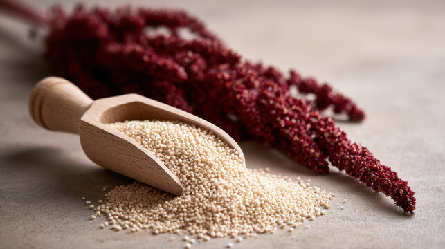 Raw white amaranth grains spilling from a wooden scoop beside deep red amaranth seed heads on a neutral beige surface