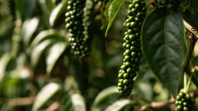 Unripe green peppercorn spikes hanging from a black pepper vine among lush tropical leaves in a plantation