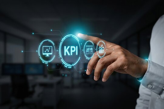 Businessman touching a digital interface screen showing key performance indicators and analytics