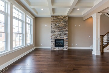 Naklejka premium The Stone Fireplace Focal Point in a Bright Spacious Living Room
