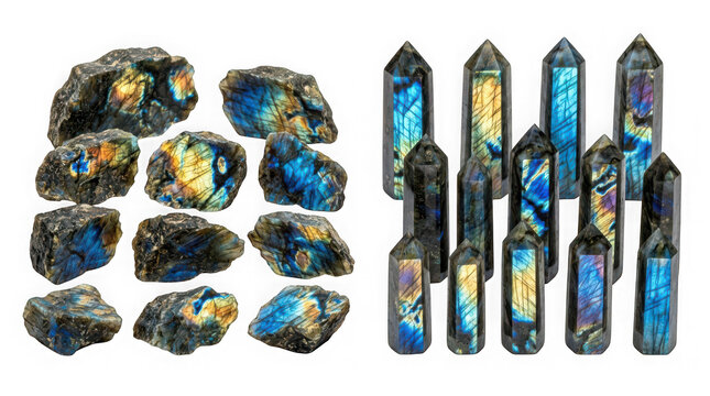 Collection of labradorite crystals and polished towers isolated on transparent background