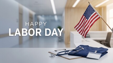 Obraz na płótnie Canvas Happy Labor Day medical greeting concept. American flag, stethoscope, and blue healthcare scrubs on a desk in a modern hospital clinic