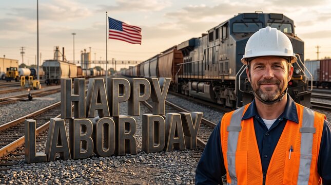 Happy Labor Day concept. Portrait of a smiling railway worker in safety gear standing on train tracks with a freight train, American flag, and 3D text at sunset.
