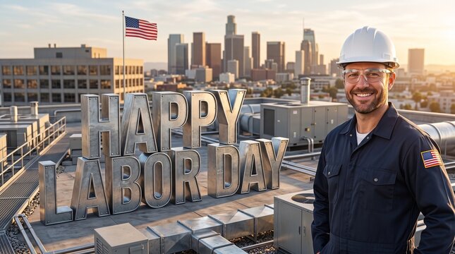Happy Labor Day greeting concept. Smiling HVAC technician standing by large 3D metal text on a commercial building roof with city skyline and American flag