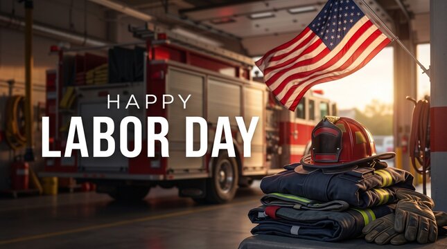 Happy Labor Day Firefighter Appreciation Banner with American Flag.